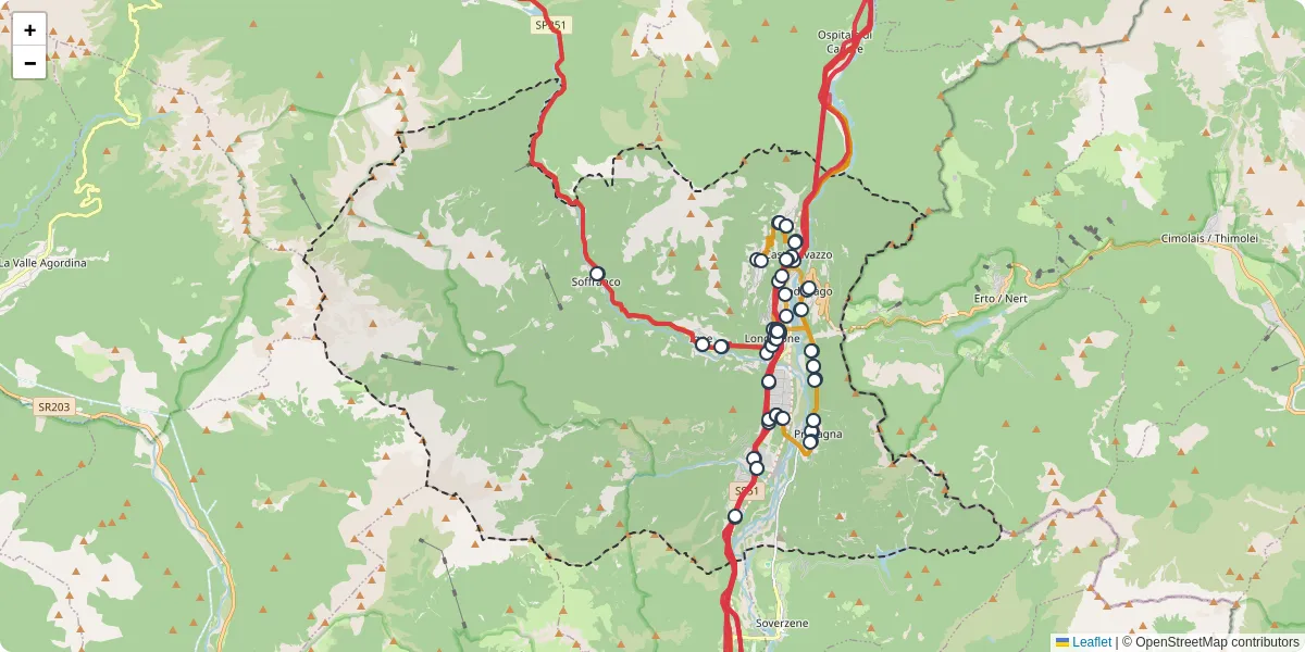 Mappa dettagliata del trasporto pubblico a Longarone con linee autobus, tram e collegamenti