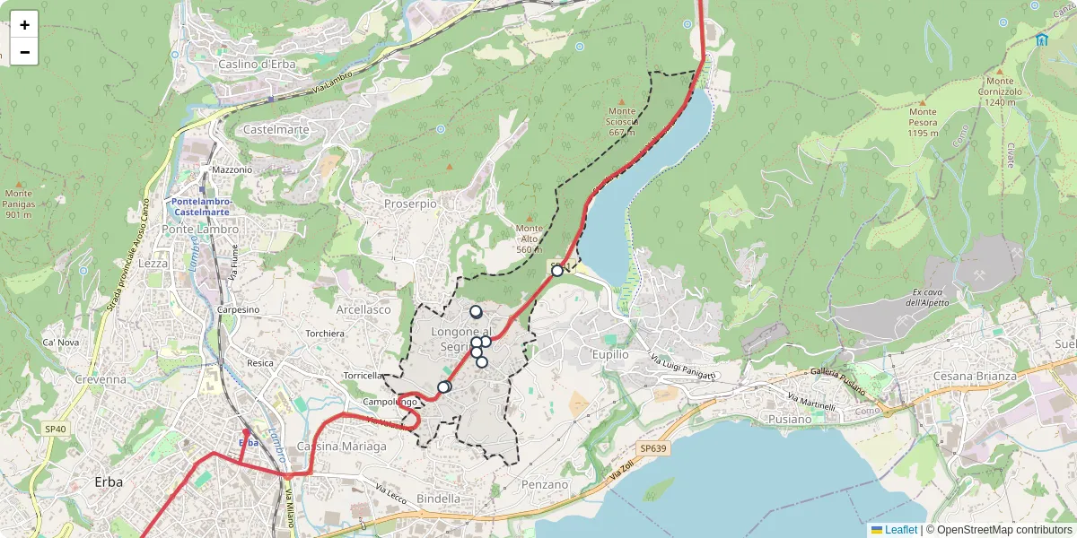 Mappa dettagliata del trasporto pubblico a Longone al Segrino con linee autobus, tram e collegamenti