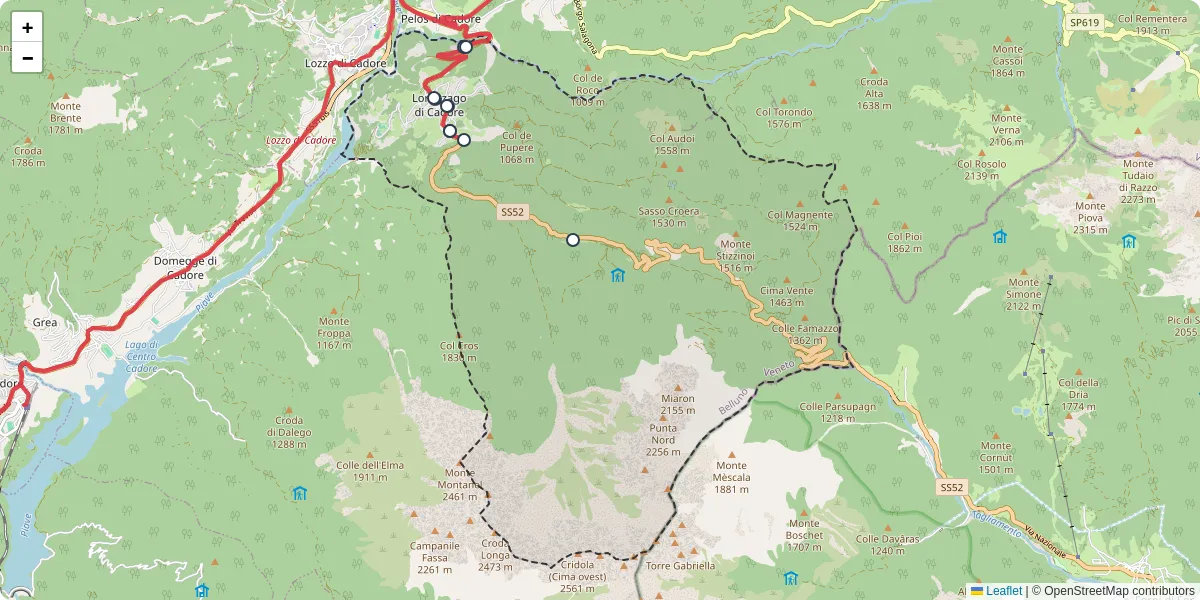 Mappa dettagliata del trasporto pubblico a Lorenzago di Cadore con linee autobus, tram e collegamenti