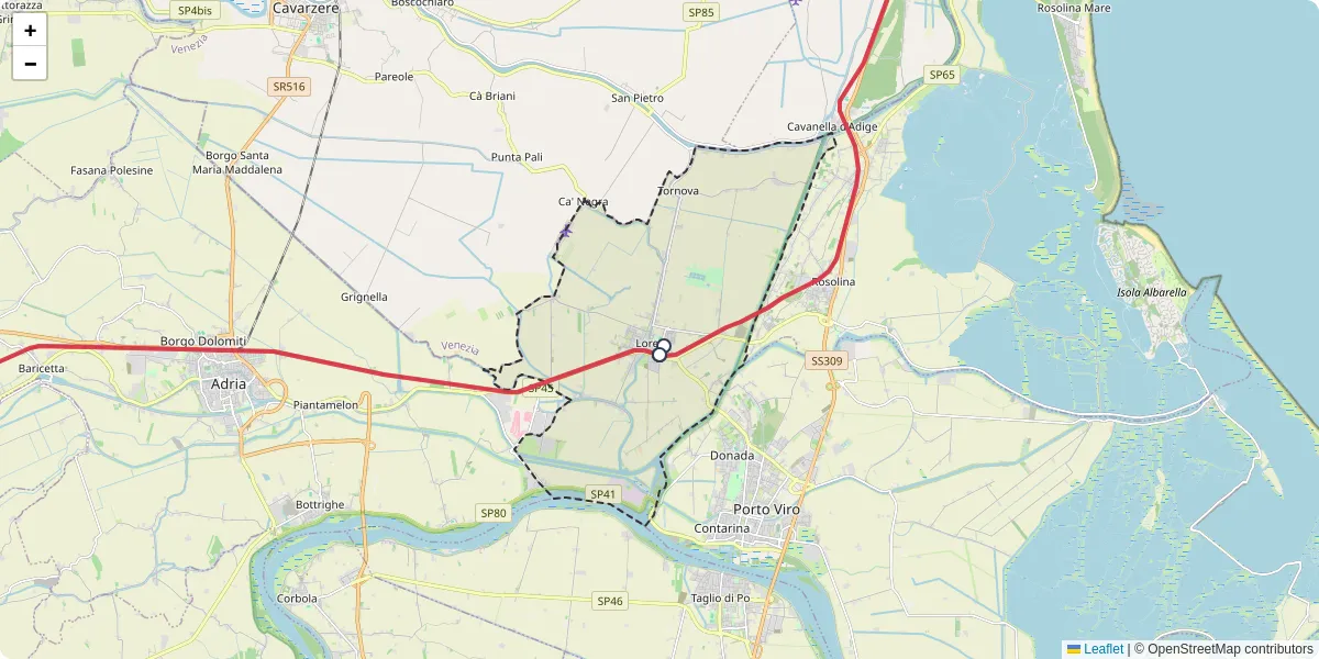Mappa dettagliata del trasporto pubblico a Loreo con linee autobus, tram e collegamenti