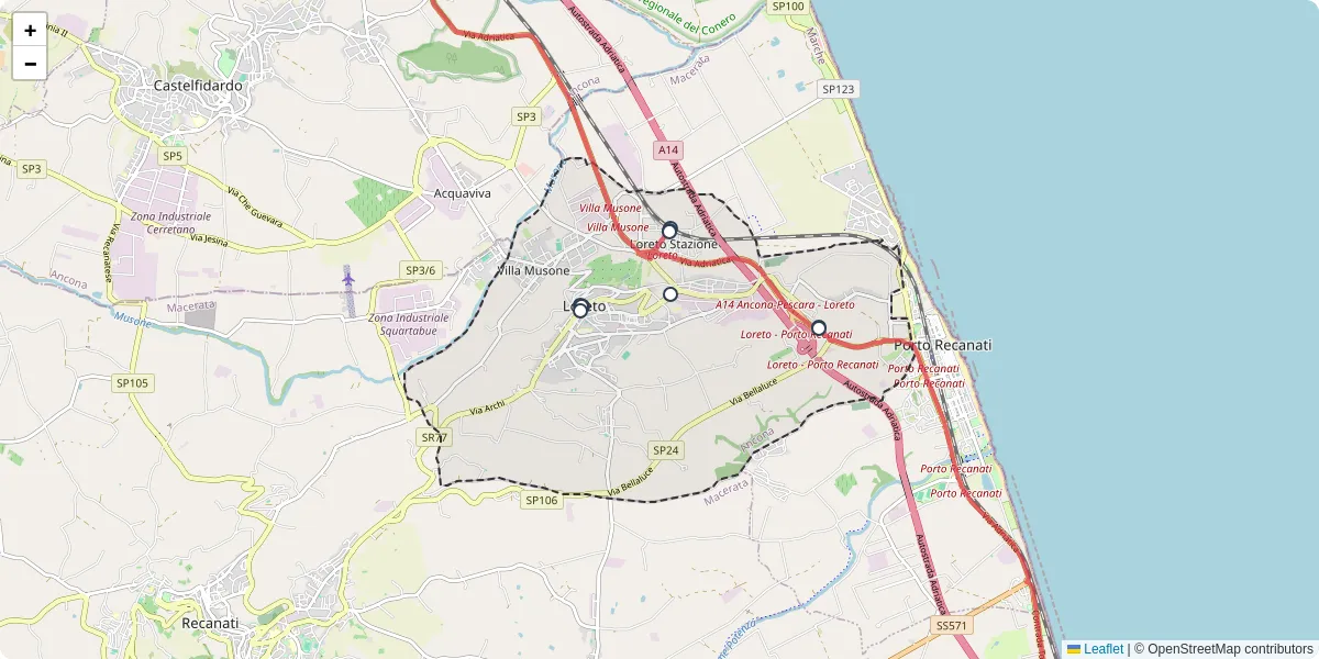 Mappa dettagliata del trasporto pubblico a Loreto con linee autobus, tram e collegamenti