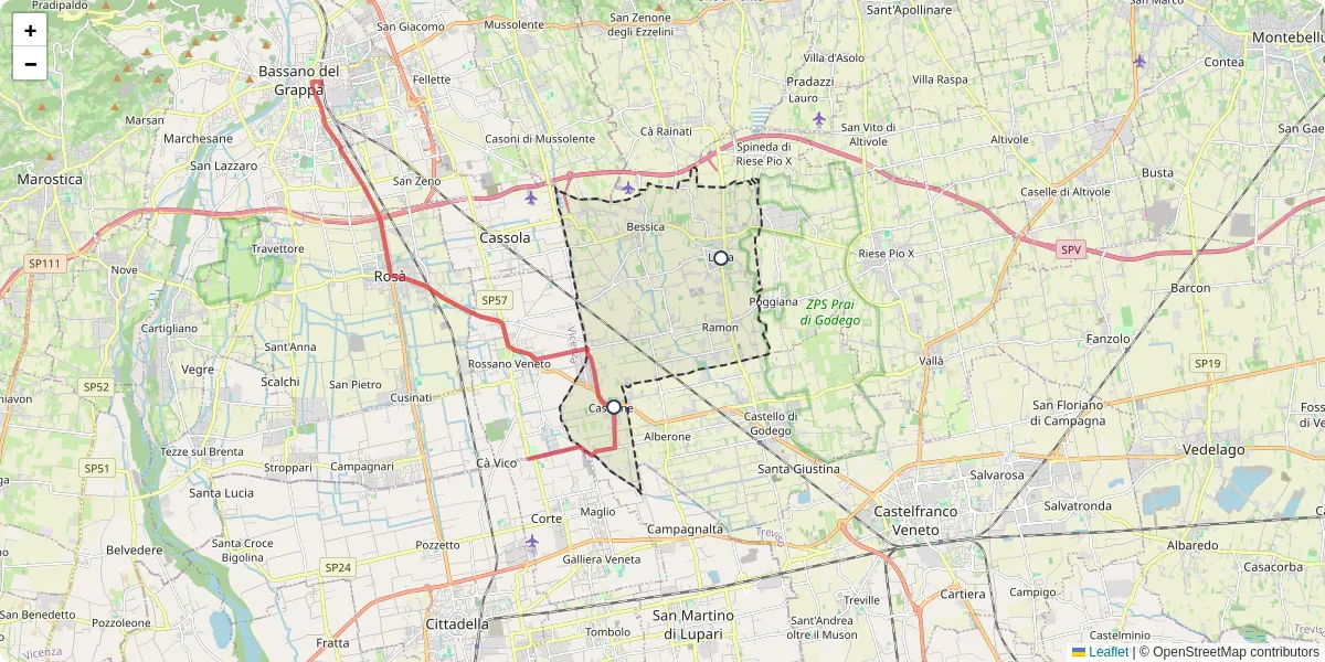 Mappa dettagliata del trasporto pubblico a Loria con linee autobus, tram e collegamenti
