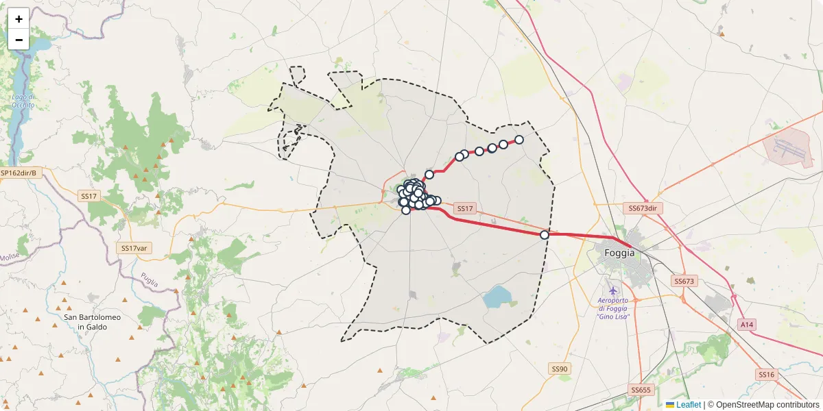Mappa dettagliata del trasporto pubblico a Lucera con linee autobus, tram e collegamenti
