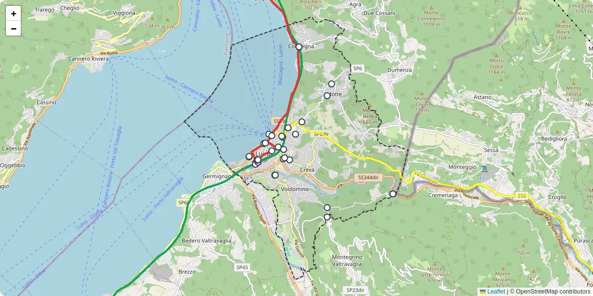 Mappa dettagliata del trasporto pubblico a Luino con linee autobus, tram e collegamenti