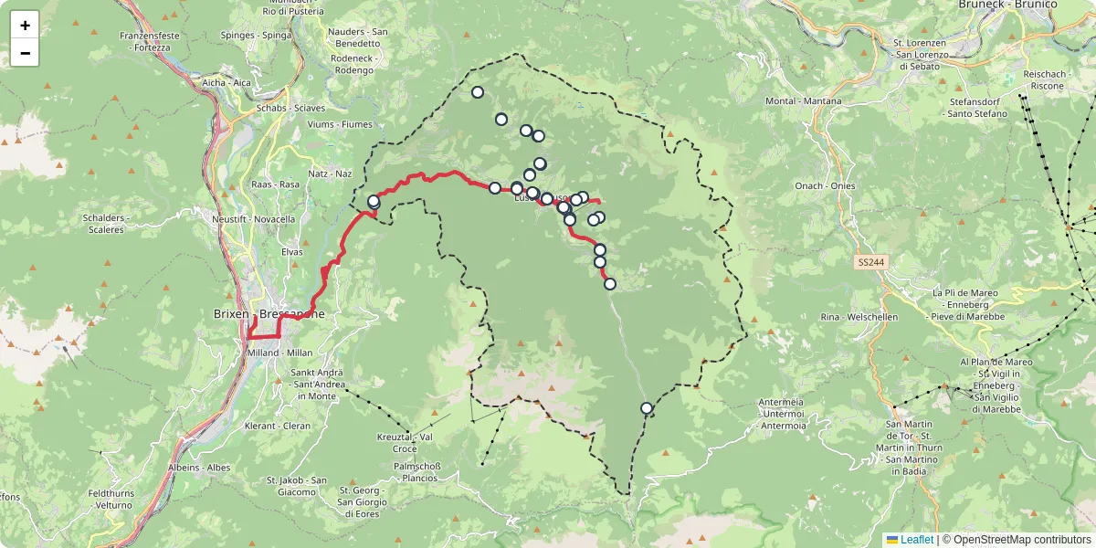 Mappa dettagliata del trasporto pubblico a Lüsen - Luson con linee autobus, tram e collegamenti