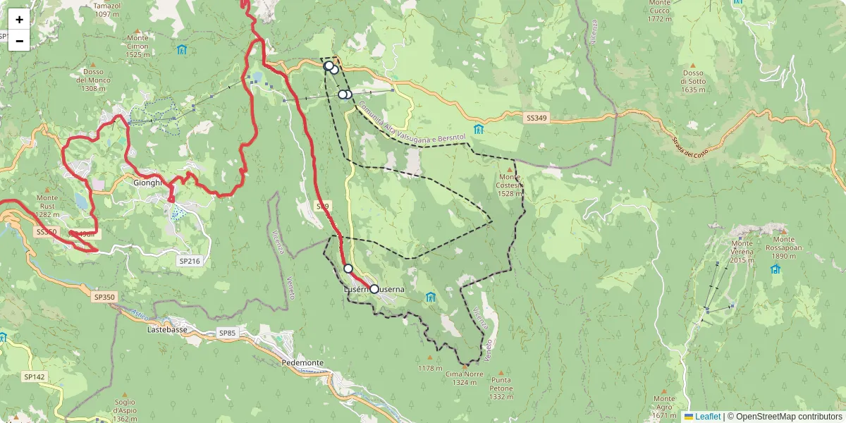 Mappa dettagliata del trasporto pubblico a Lusérn - Luserna con linee autobus, tram e collegamenti