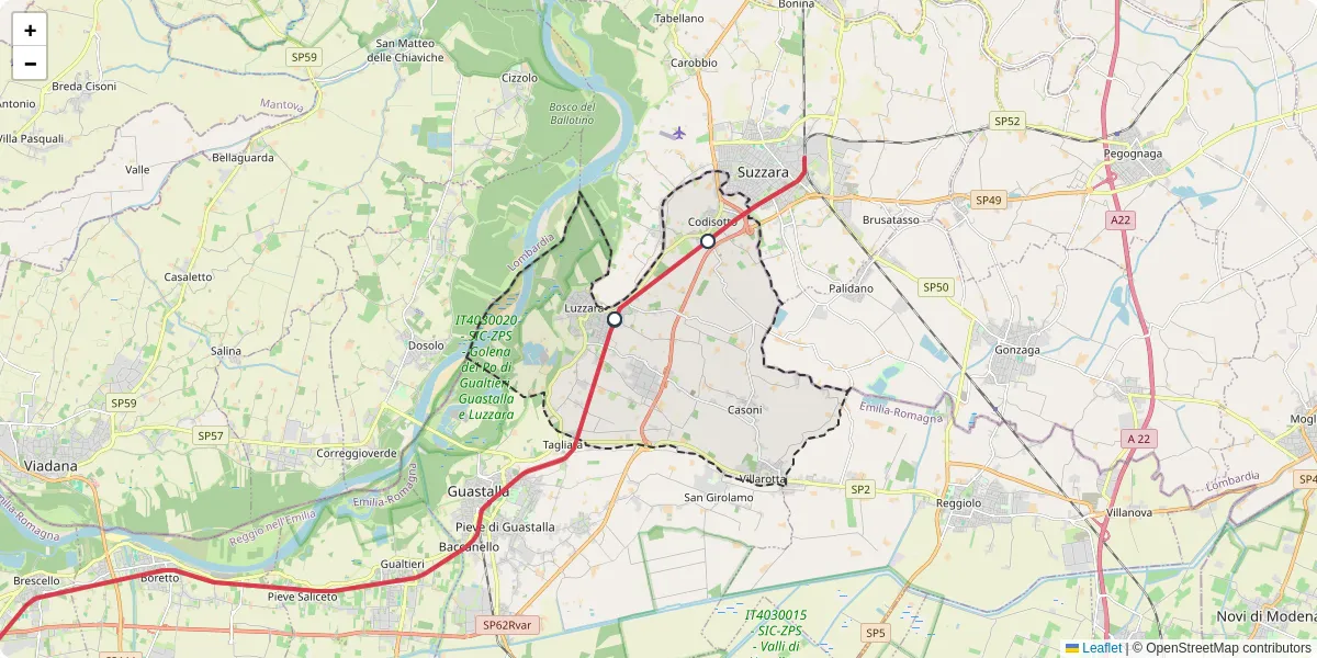 Mappa dettagliata del trasporto pubblico a Luzzara con linee autobus, tram e collegamenti