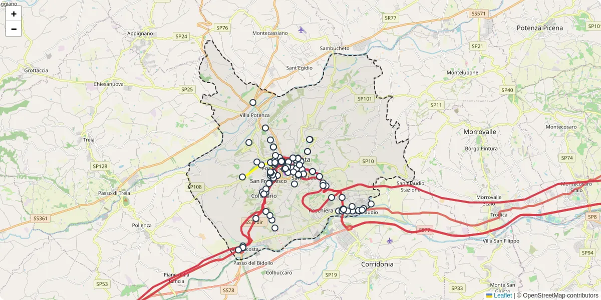 Mappa dettagliata del trasporto pubblico a Macerata con linee autobus, tram e collegamenti