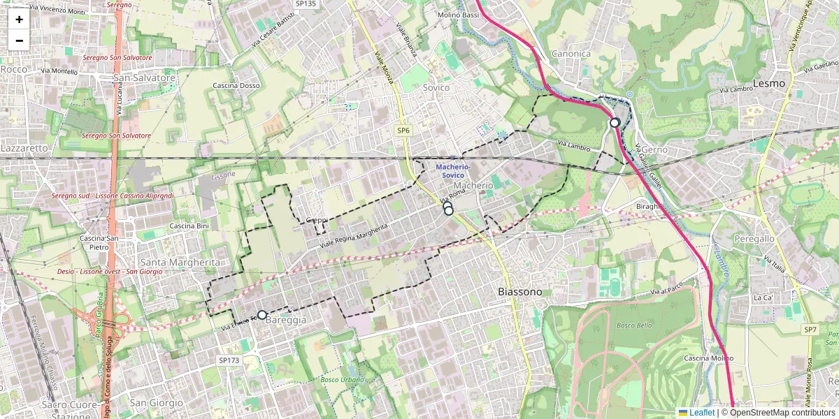 Mappa dettagliata del trasporto pubblico a Macherio con linee autobus, tram e collegamenti
