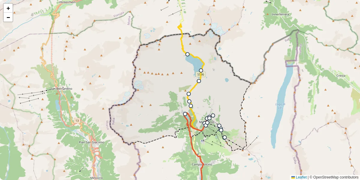 Mappa dettagliata del trasporto pubblico a Madesimo con linee autobus, tram e collegamenti