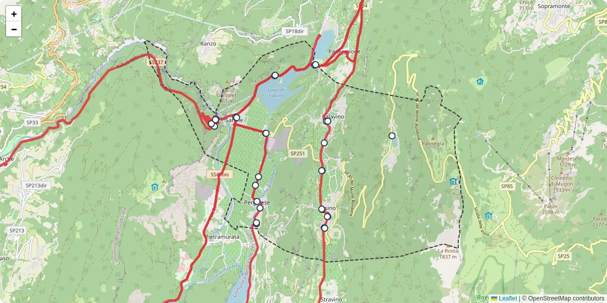 Mappa dettagliata del trasporto pubblico a Madruzzo con linee autobus, tram e collegamenti