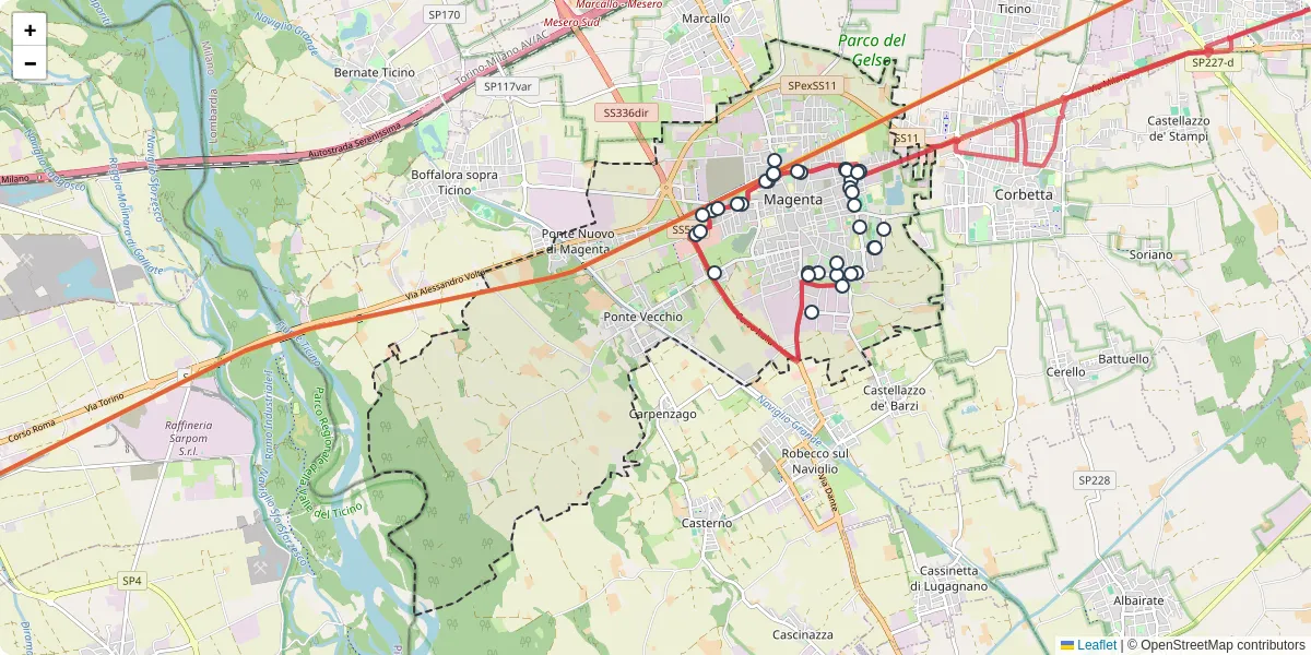 Mappa dettagliata del trasporto pubblico a Magenta con linee autobus, tram e collegamenti