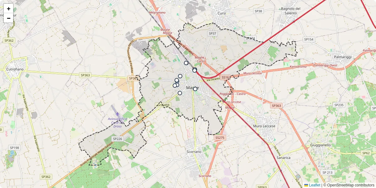 Mappa dettagliata del trasporto pubblico a Maglie con linee autobus, tram e collegamenti