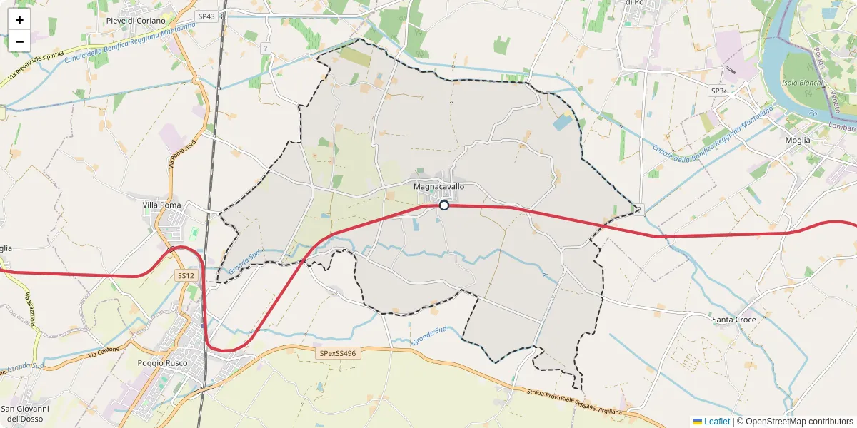 Mappa dettagliata del trasporto pubblico a Magnacavallo con linee autobus, tram e collegamenti