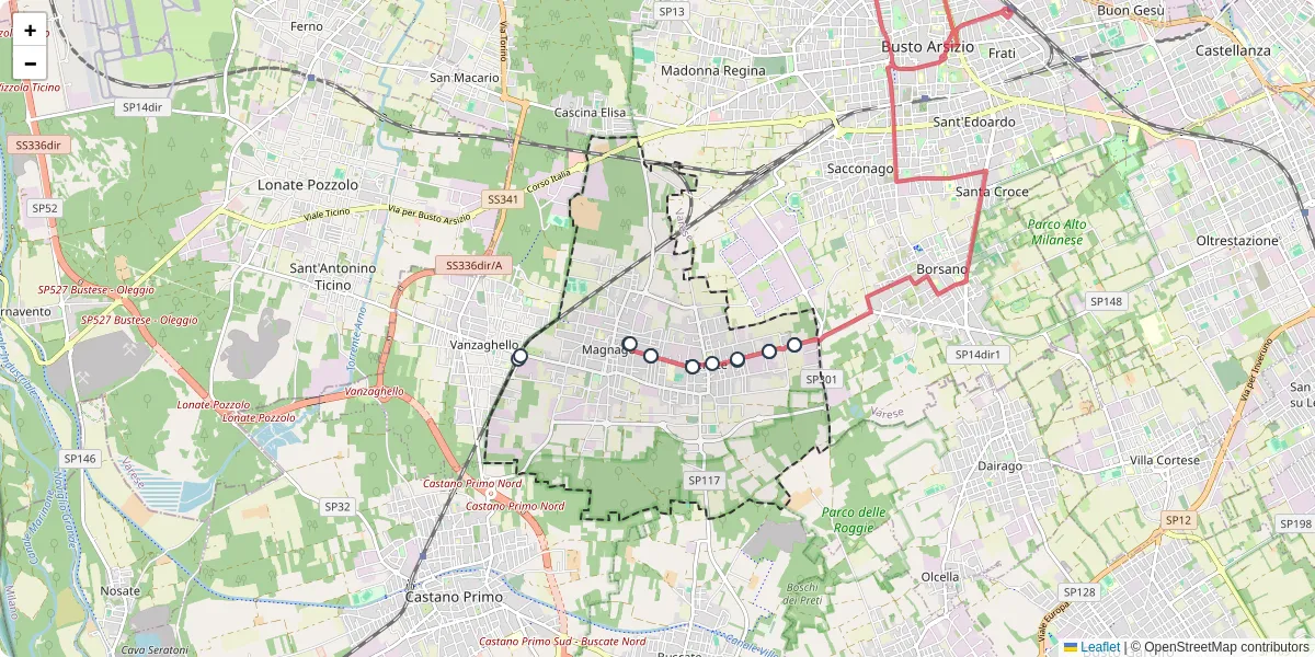 Mappa dettagliata del trasporto pubblico a Magnago con linee autobus, tram e collegamenti