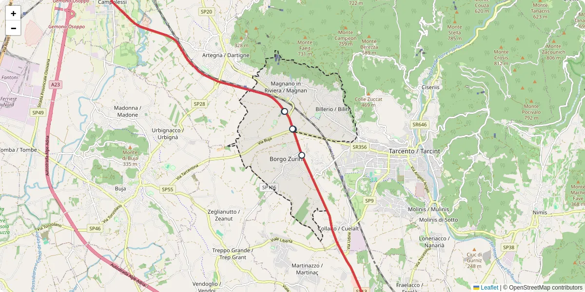 Mappa dettagliata del trasporto pubblico a Magnano in Riviera / Magnan con linee autobus, tram e collegamenti