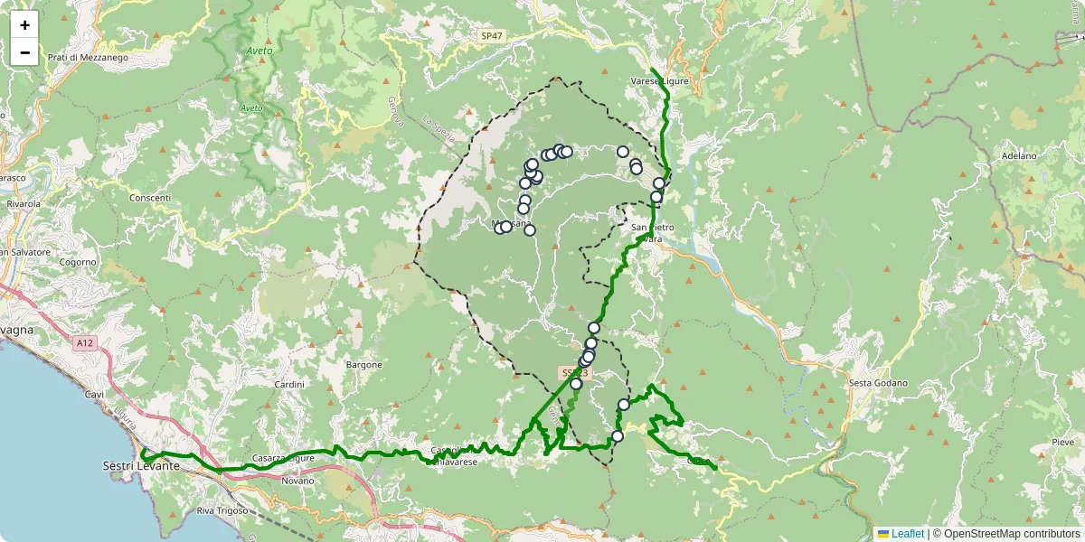 Mappa dettagliata del trasporto pubblico a Maissana con linee autobus, tram e collegamenti