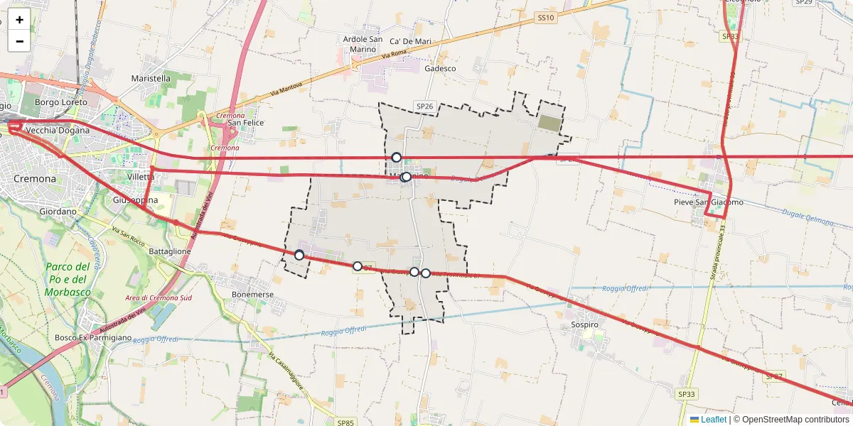 Mappa dettagliata del trasporto pubblico a Malagnino con linee autobus, tram e collegamenti