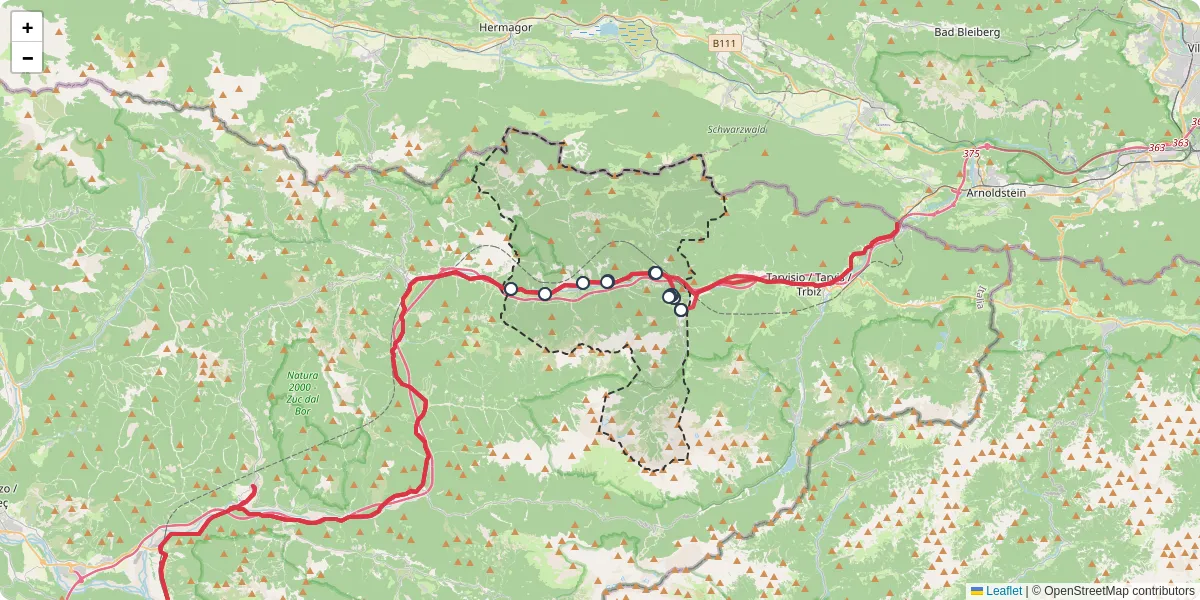 Mappa dettagliata del trasporto pubblico a Malborghetto-Valbruna / Naborjet-Ovčja Vas / Malborgeth-Wolfsbach / Malborghet e Valbrune con linee autobus, tram e collegamenti
