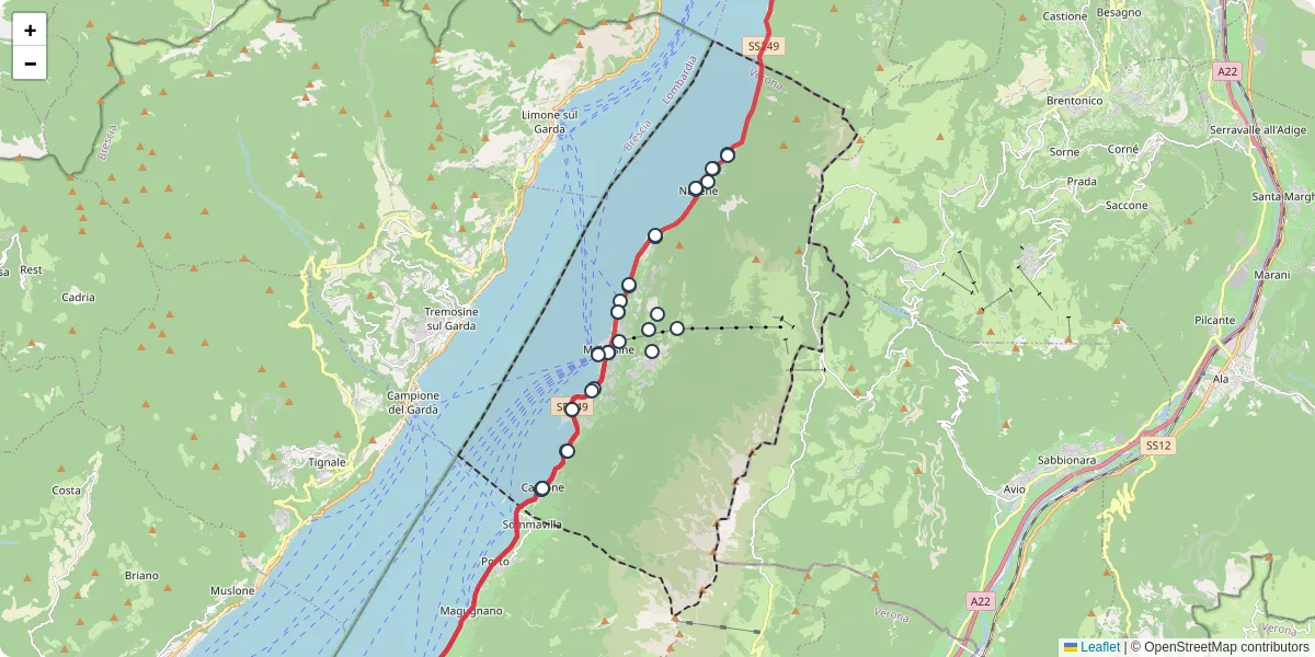 Mappa dettagliata del trasporto pubblico a Malcesine con linee autobus, tram e collegamenti