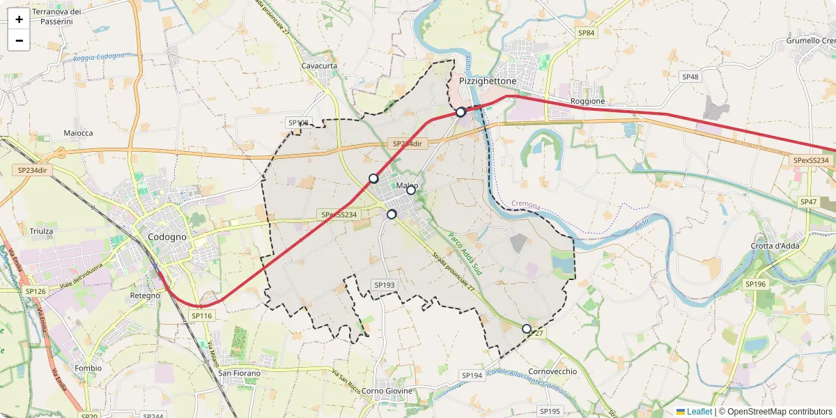 Mappa dettagliata del trasporto pubblico a Maleo con linee autobus, tram e collegamenti