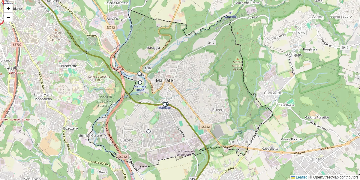 Mappa dettagliata del trasporto pubblico a Malnate con linee autobus, tram e collegamenti