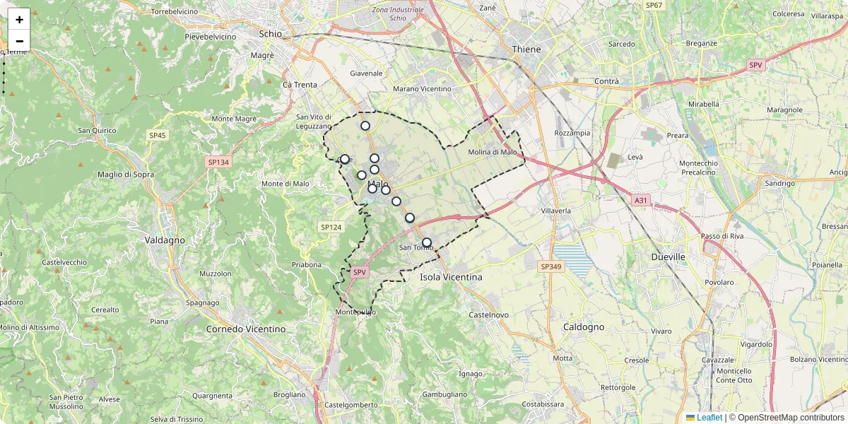 Mappa dettagliata del trasporto pubblico a Malo con linee autobus, tram e collegamenti