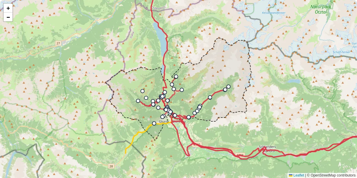 Mappa dettagliata del trasporto pubblico a Mals - Malles Venosta con linee autobus, tram e collegamenti