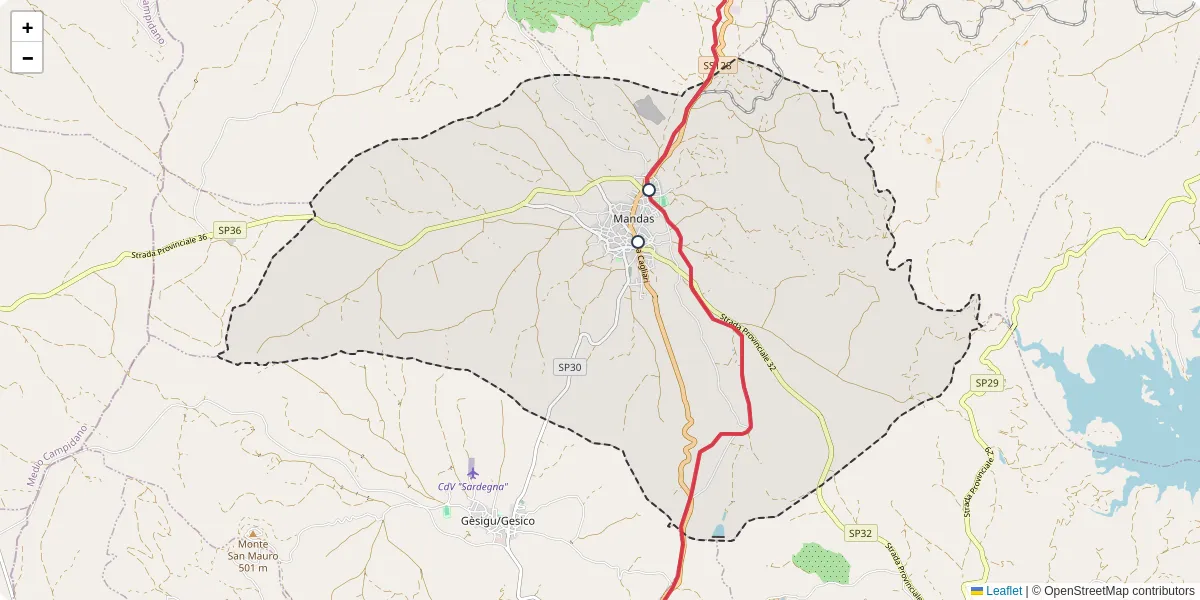 Mappa dettagliata del trasporto pubblico a Mandas con linee autobus, tram e collegamenti