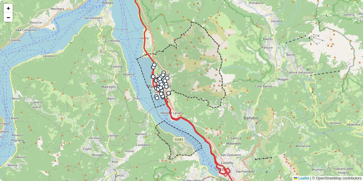 Mappa dettagliata del trasporto pubblico a Mandello del Lario con linee autobus, tram e collegamenti