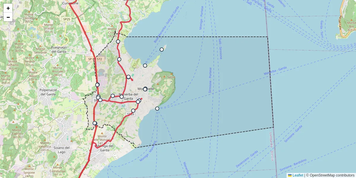 Mappa dettagliata del trasporto pubblico a Manerba del Garda con linee autobus, tram e collegamenti