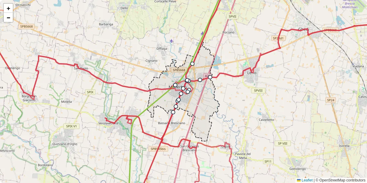 Mappa dettagliata del trasporto pubblico a Manerbio con linee autobus, tram e collegamenti
