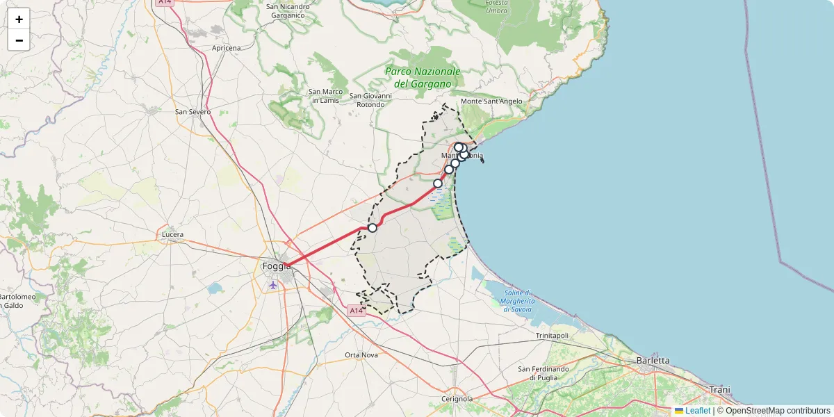 Mappa dettagliata del trasporto pubblico a Manfredonia con linee autobus, tram e collegamenti