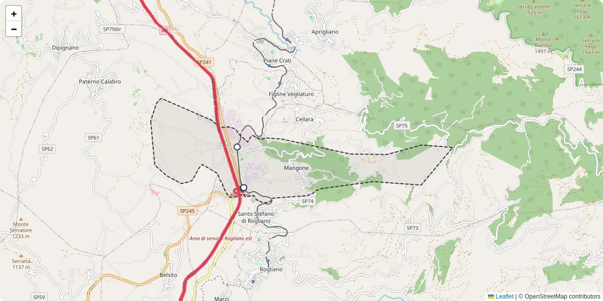 Mappa dettagliata del trasporto pubblico a Mangone con linee autobus, tram e collegamenti