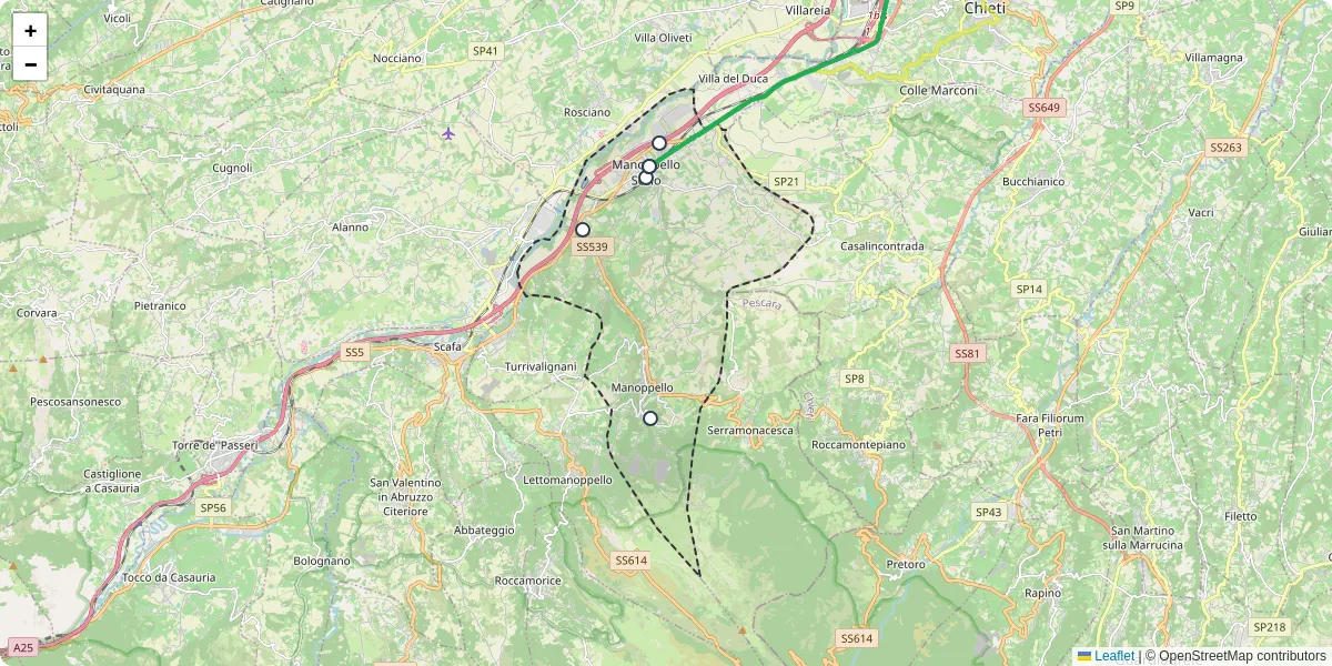 Mappa dettagliata del trasporto pubblico a Manoppello con linee autobus, tram e collegamenti