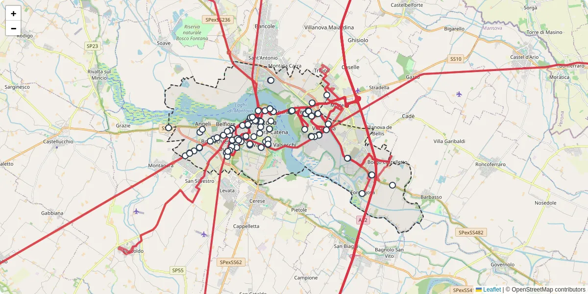 Mappa dettagliata del trasporto pubblico a Mantova con linee autobus, tram e collegamenti