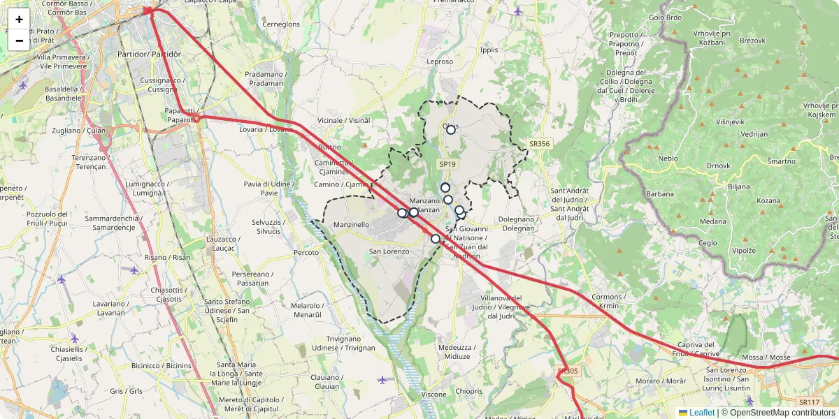 Mappa dettagliata del trasporto pubblico a Manzano / Manzan con linee autobus, tram e collegamenti