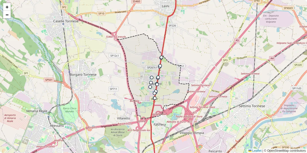 Mappa dettagliata del trasporto pubblico a Mappano con linee autobus, tram e collegamenti