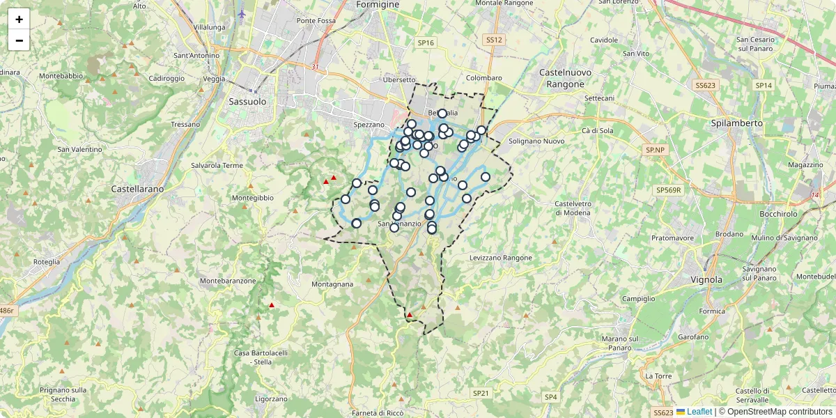 Mappa dettagliata del trasporto pubblico a Maranello con linee autobus, tram e collegamenti