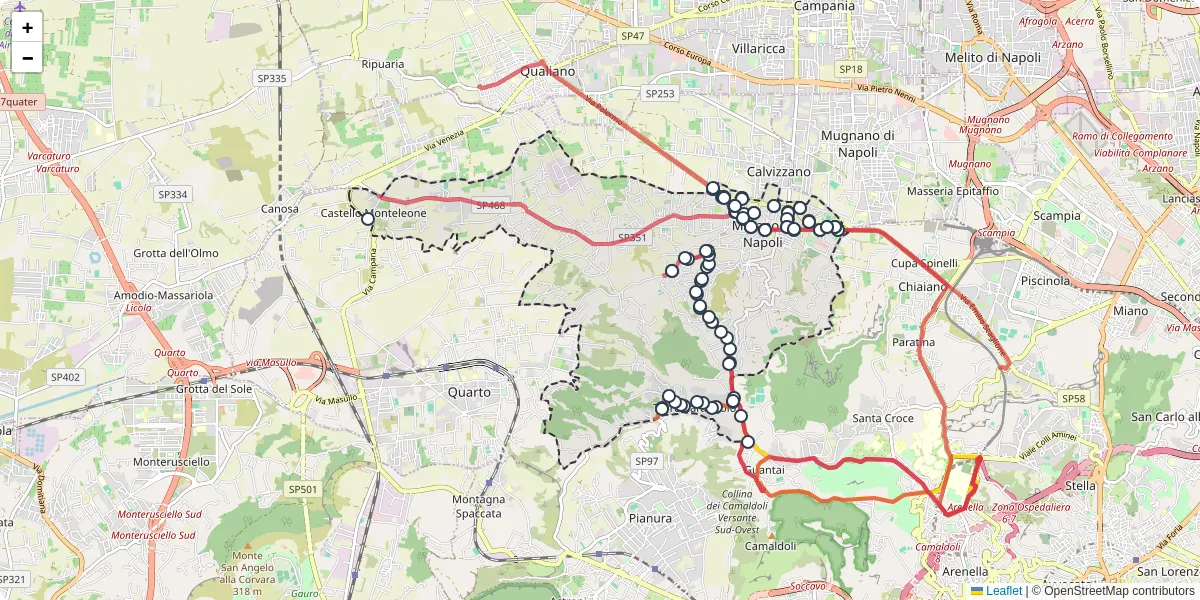 Mappa dettagliata del trasporto pubblico a Marano di Napoli con linee autobus, tram e collegamenti