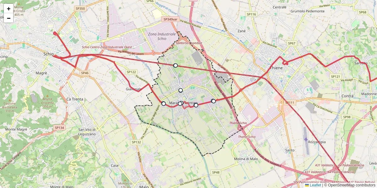 Mappa dettagliata del trasporto pubblico a Marano Vicentino con linee autobus, tram e collegamenti