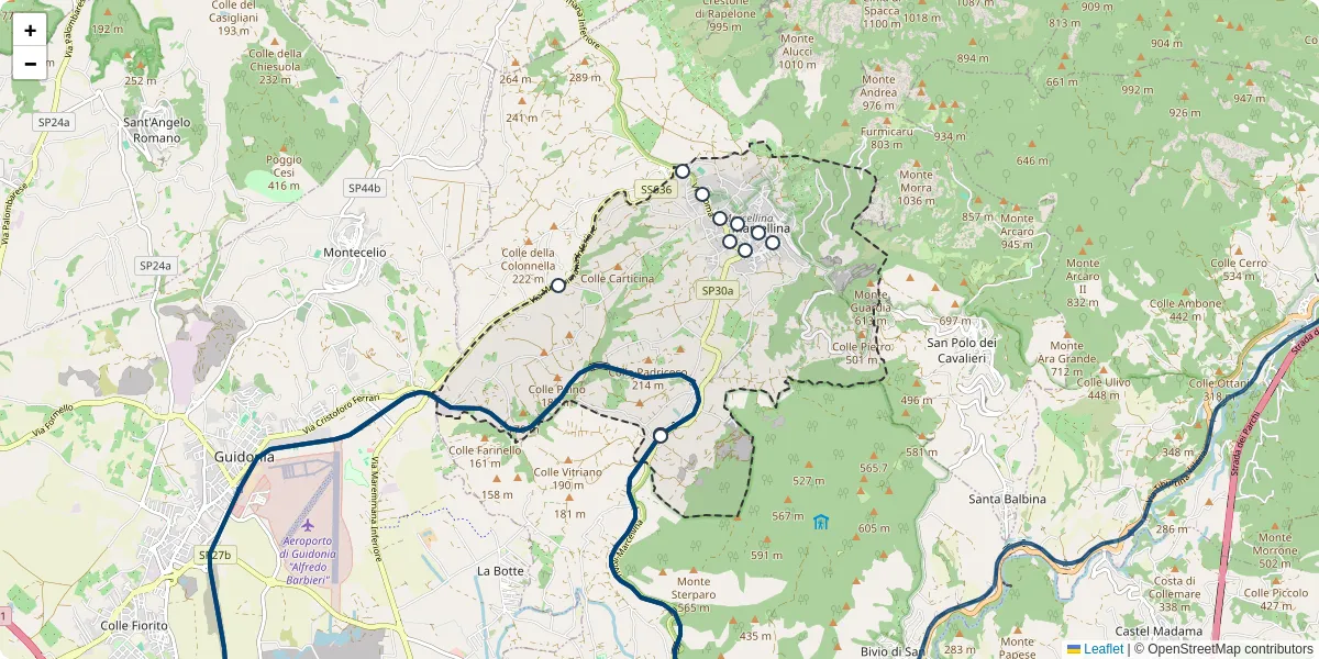 Mappa dettagliata del trasporto pubblico a Marcellina con linee autobus, tram e collegamenti