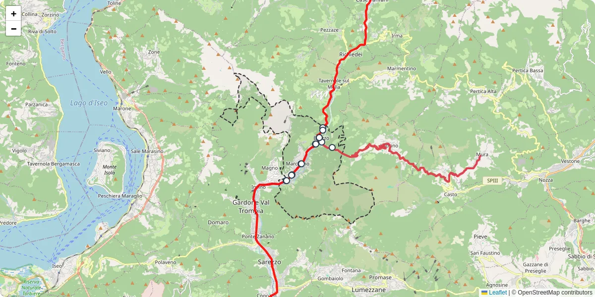 Mappa dettagliata del trasporto pubblico a Marcheno con linee autobus, tram e collegamenti