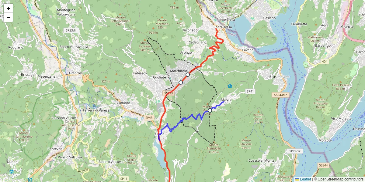 Mappa dettagliata del trasporto pubblico a Marchirolo con linee autobus, tram e collegamenti