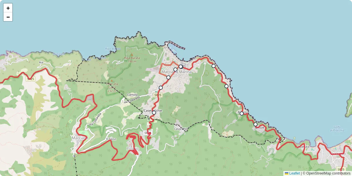 Mappa dettagliata del trasporto pubblico a Marciana Marina con linee autobus, tram e collegamenti