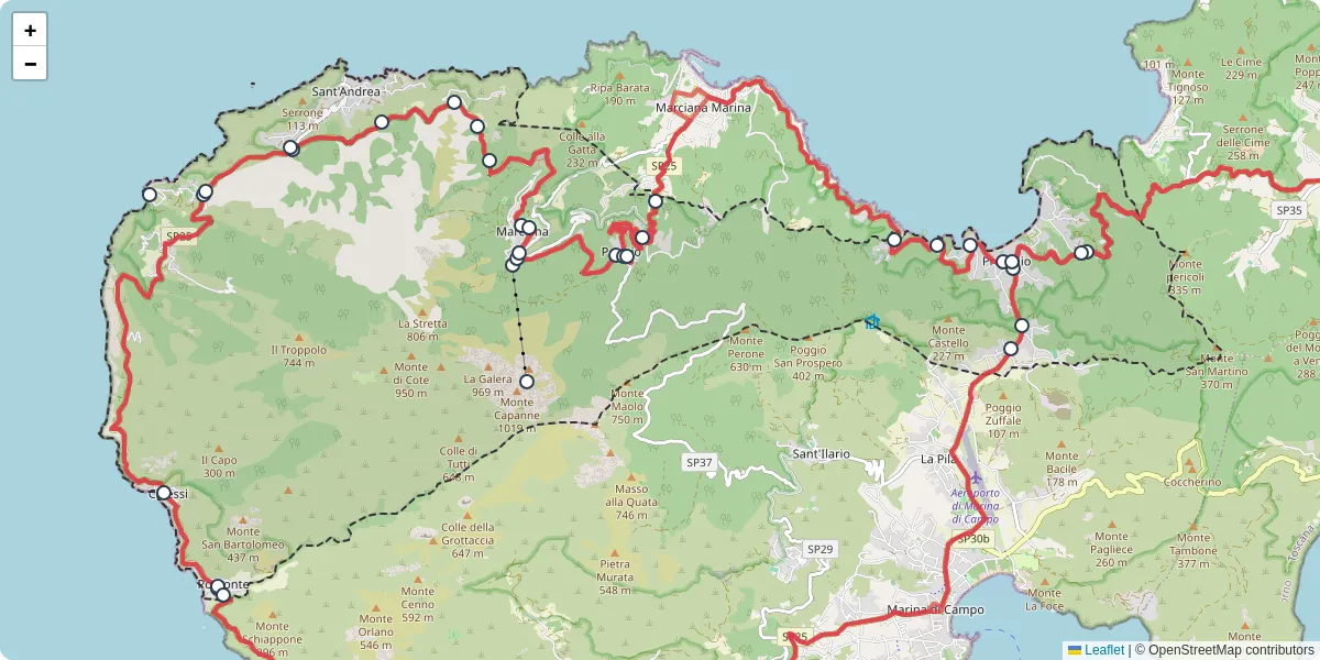 Mappa dettagliata del trasporto pubblico a Marciana con linee autobus, tram e collegamenti
