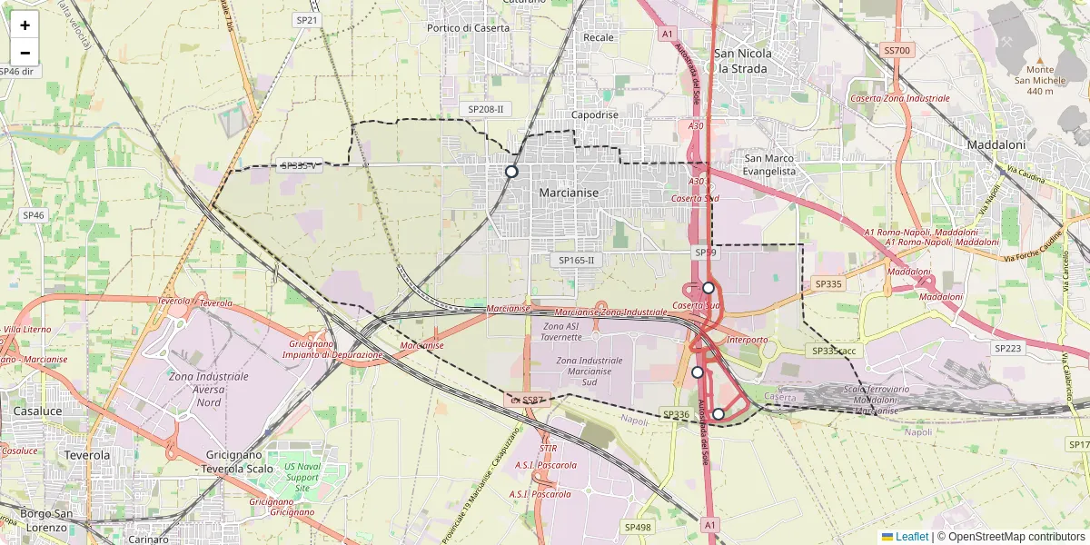 Mappa dettagliata del trasporto pubblico a Marcianise con linee autobus, tram e collegamenti