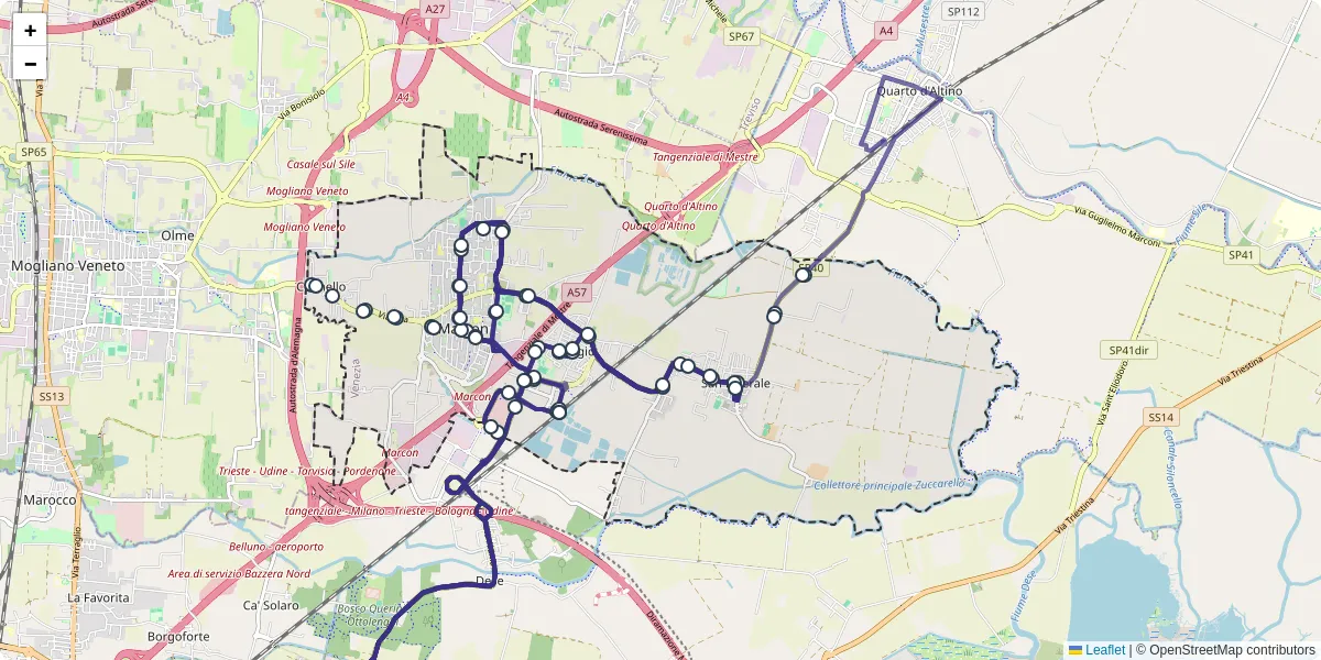 Mappa dettagliata del trasporto pubblico a Marcon con linee autobus, tram e collegamenti