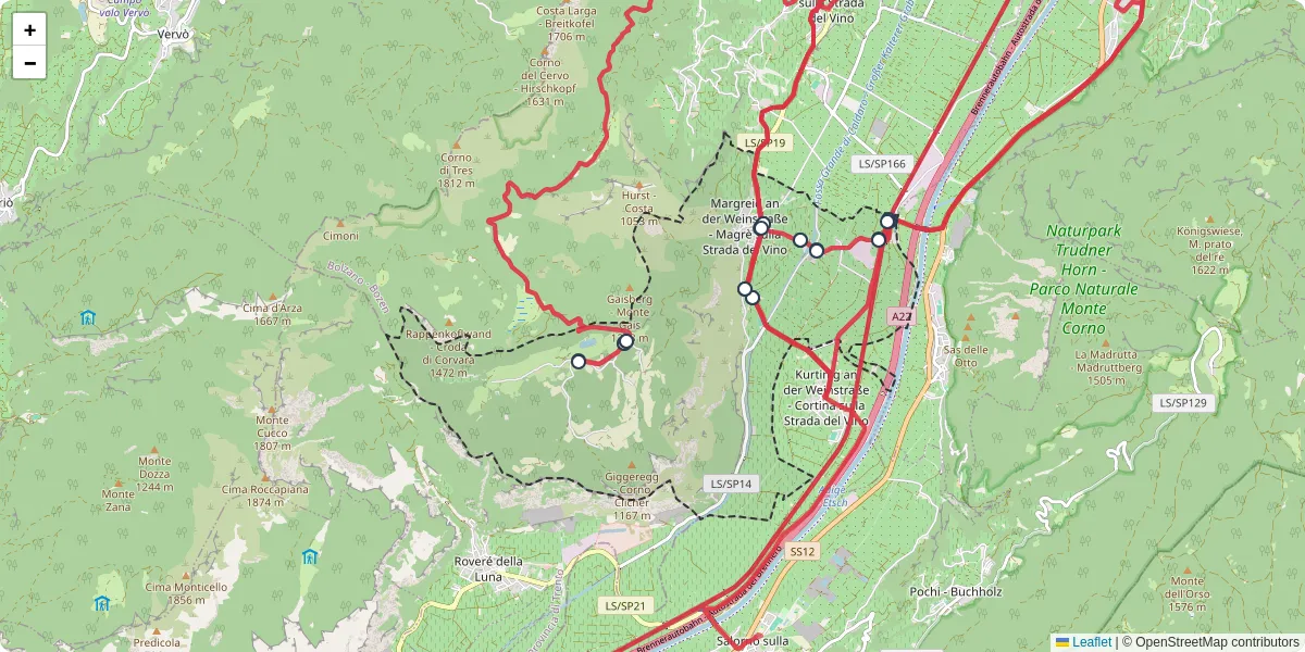 Mappa dettagliata del trasporto pubblico a Margreid an der Weinstraße - Magrè sulla Strada del Vino con linee autobus, tram e collegamenti
