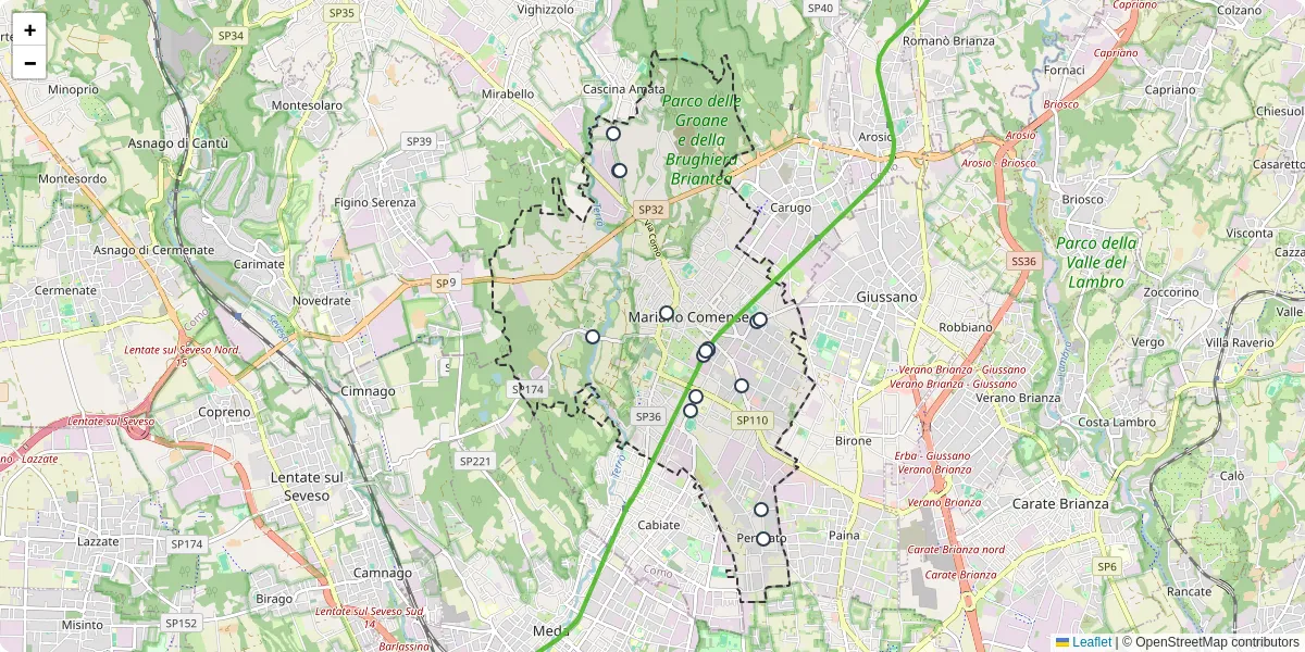 Mappa dettagliata del trasporto pubblico a Mariano Comense con linee autobus, tram e collegamenti